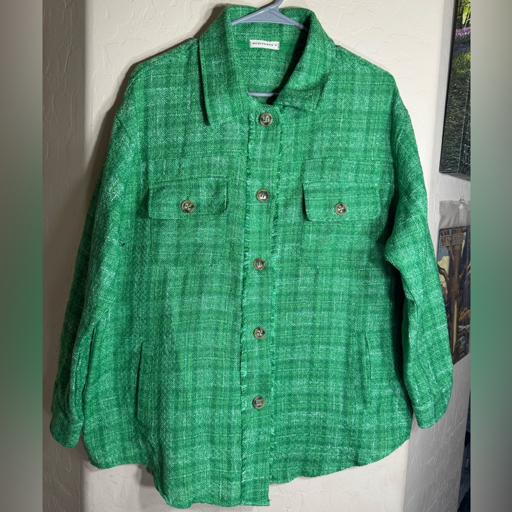 Andthewhy Green Linen Blend Textured Button Front Shacket Jacket M